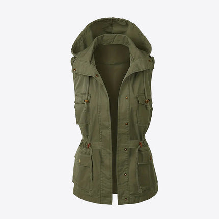 Chaqueta con capucha y cordón sin mangas de color sólido para mujer