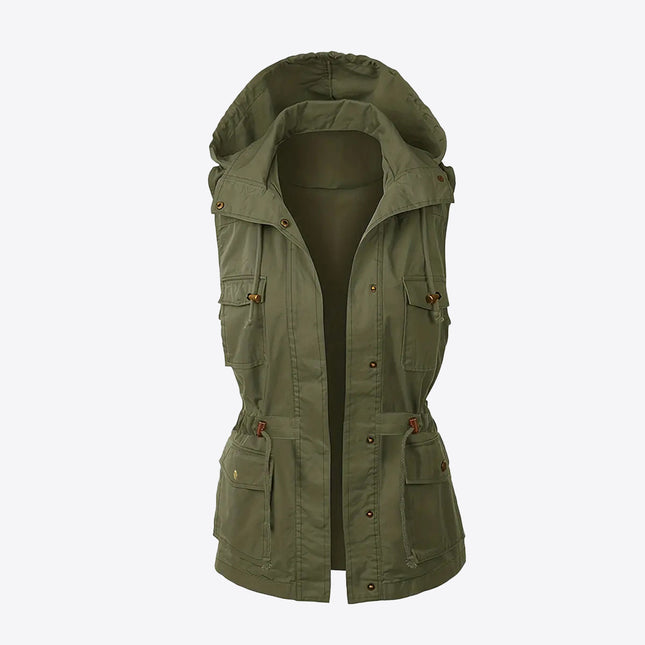 Chaqueta con capucha y cordón sin mangas de color sólido para mujer