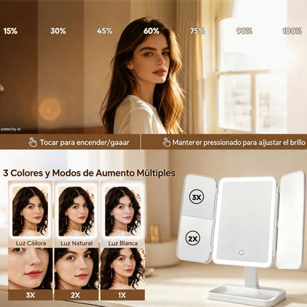 Espejo de Maquillaje con Luz LED Táctil, Lentes Amplificadoras 2X y 3X, Espejo Cosmético Portátil