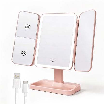 Espejo de Maquillaje con Luz LED Táctil, Lentes Amplificadoras 2X y 3X, Espejo Cosmético Portátil