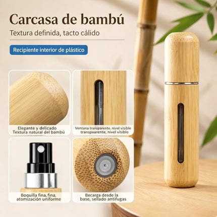 Atomizador de Perfume Recargable Bambú 8ml – Frasco de Viaje Portátil con Relleno Inferior y Pulverización Fina