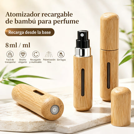Atomizador de Perfume Recargable Bambú 8ml – Frasco de Viaje Portátil con Relleno Inferior y Pulverización Fina