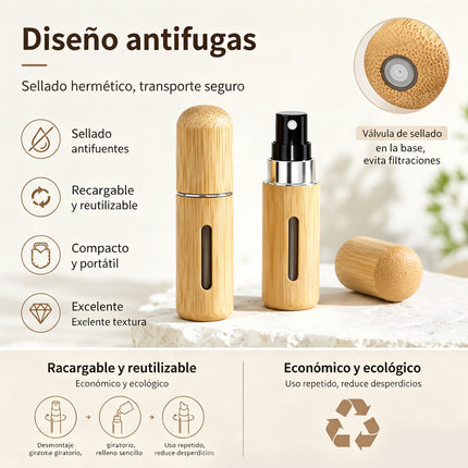 Atomizador de Perfume Recargable Bambú 8ml – Frasco de Viaje Portátil con Relleno Inferior y Pulverización Fina