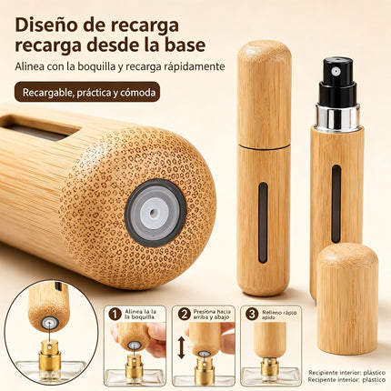 Atomizador de Perfume Recargable Bambú 8ml – Frasco de Viaje Portátil con Relleno Inferior y Pulverización Fina