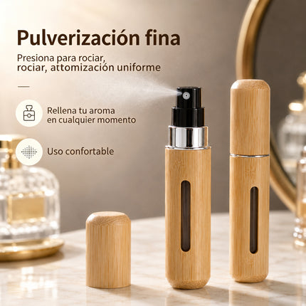 Atomizador de Perfume Recargable Bambú 8ml – Frasco de Viaje Portátil con Relleno Inferior y Pulverización Fina