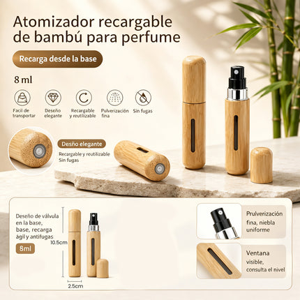 Atomizador de Perfume Recargable Bambú 8ml – Frasco de Viaje Portátil con Relleno Inferior y Pulverización Fina