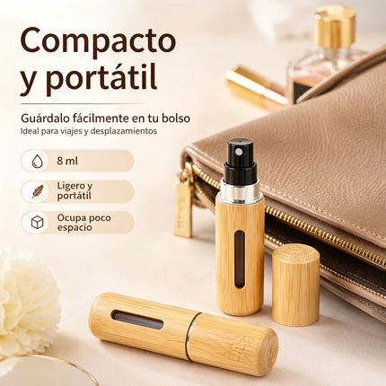 Atomizador de Perfume Recargable Bambú 8ml – Frasco de Viaje Portátil con Relleno Inferior y Pulverización Fina
