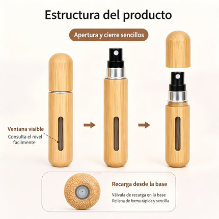 Atomizador de Perfume Recargable Bambú 8ml – Frasco de Viaje Portátil con Relleno Inferior y Pulverización Fina
