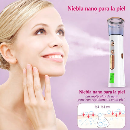 Nebulizador Facial Nano de Doble Pulverización con Pantalla Digital, Detector de Humedad de Piel, Recargable USB para Cuidado Facial