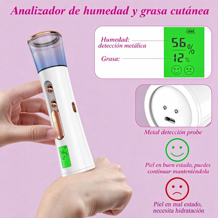 Nebulizador Facial Nano de Doble Pulverización con Pantalla Digital, Detector de Humedad de Piel, Recargable USB para Cuidado Facial