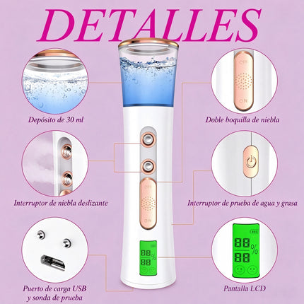 Nebulizador Facial Nano de Doble Pulverización con Pantalla Digital, Detector de Humedad de Piel, Recargable USB para Cuidado Facial