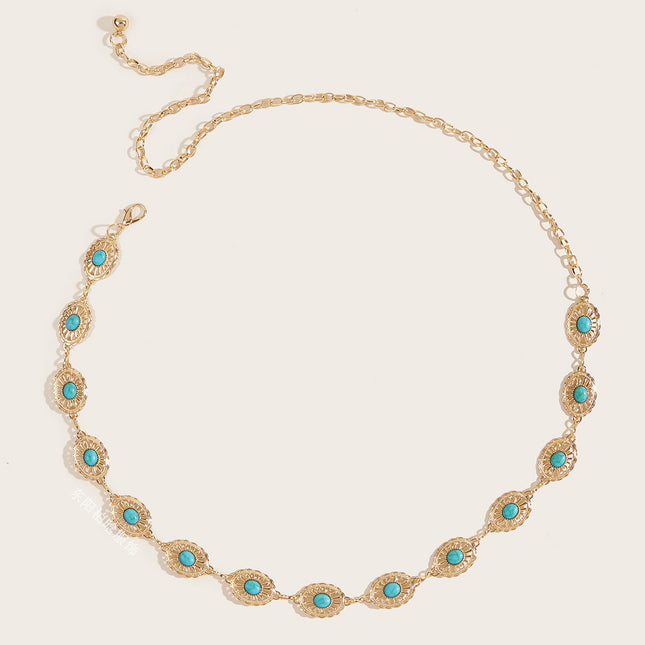 Cadena De Cintura Adornada Con Turquesa Verde Exagerada Para Mujer Metálica