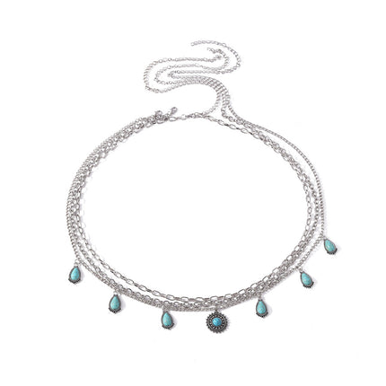 Conjunto De Cadena De Aleación De Cintura De Tres Piezas Con Turquesa Retro De Sol Y Gotas