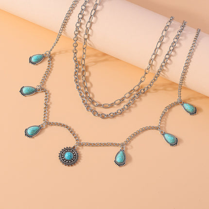 Conjunto De Cadena De Aleación De Cintura De Tres Piezas Con Turquesa Retro De Sol Y Gotas