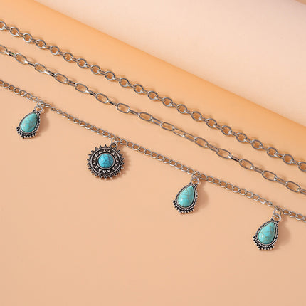 Conjunto De Cadena De Aleación De Cintura De Tres Piezas Con Turquesa Retro De Sol Y Gotas