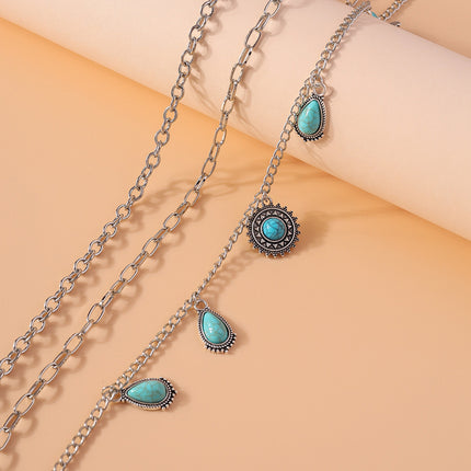Conjunto De Cadena De Aleación De Cintura De Tres Piezas Con Turquesa Retro De Sol Y Gotas