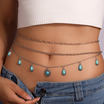 Conjunto De Cadena De Aleación De Cintura De Tres Piezas Con Turquesa Retro De Sol Y Gotas
