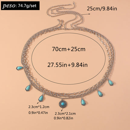 Conjunto De Cadena De Aleación De Cintura De Tres Piezas Con Turquesa Retro De Sol Y Gotas