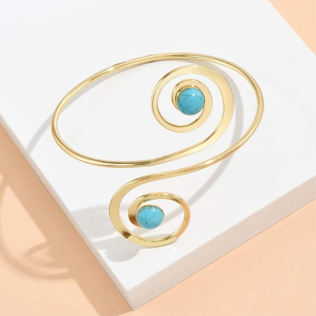 Brazalete Abierto Metálico De Hierro Con Media Luna Hueca Y Azul Turquesa Para Mujer