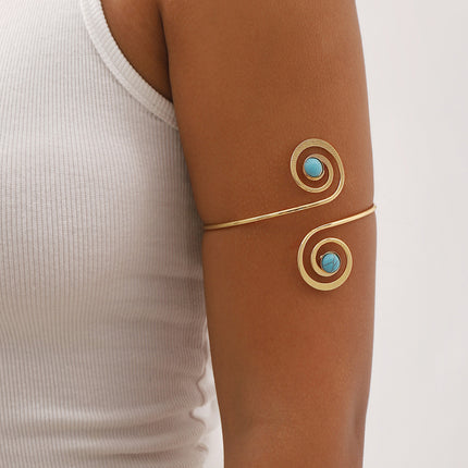 Brazalete Abierto Metálico De Hierro Con Media Luna Hueca Y Azul Turquesa Para Mujer