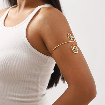 Brazalete Abierto Metálico De Hierro Con Media Luna Hueca Y Azul Turquesa Para Mujer