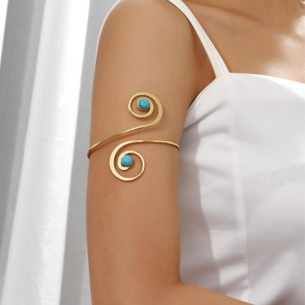 Brazalete Abierto Metálico De Hierro Con Media Luna Hueca Y Azul Turquesa Para Mujer