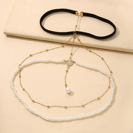 Cadena De Aleación Elegante Multicapa De Pierna Con Perlas Con Banda Elástica