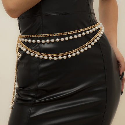 Cadena Metálica De Cintura Multicírculo Elegante Con Perlas Artificiales De Moda Para Mujer