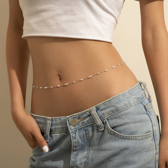 Cadena De Cintura De Bolas Plateadas Para El Cuerpo De Cobre Con Perlas Finas De Imitación Elegante
