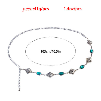 Cadena Metálica De Cintura Con Diamantes De Imitación De Ágata Verde Con Dibujo De Rombo