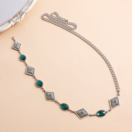 Cadena Metálica De Cintura Con Diamantes De Imitación De Ágata Verde Con Dibujo De Rombo