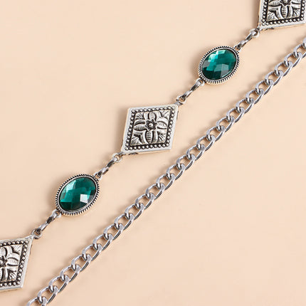 Cadena Metálica De Cintura Con Diamantes De Imitación De Ágata Verde Con Dibujo De Rombo