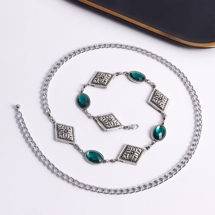 Cadena Metálica De Cintura Con Diamantes De Imitación De Ágata Verde Con Dibujo De Rombo