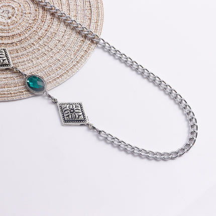 Cadena Metálica De Cintura Con Diamantes De Imitación De Ágata Verde Con Dibujo De Rombo