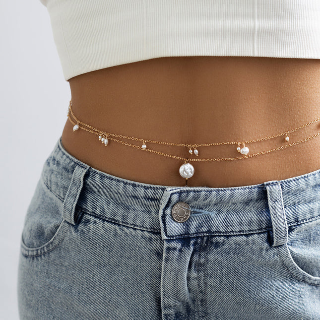 Cadena Metálica De Cintura Sencilla De Doble Capa Con Perlas De Imitación Elegante