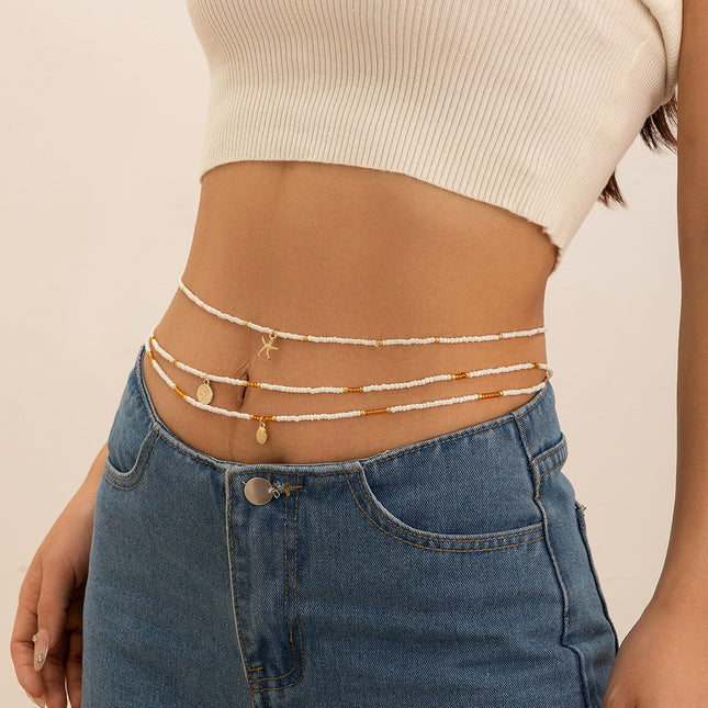 Cadena De Cintura De Playa De Tres Capas Con Cuentas De Arroz De Plástico Y Resina Con Estrella De Mar