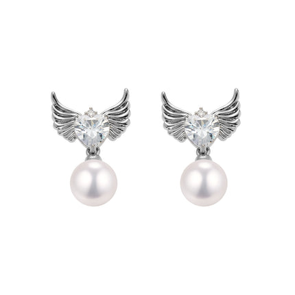 Aretes De Perla Elegante Pendientes De Ala De Ángel Con Corazón De Zirconia