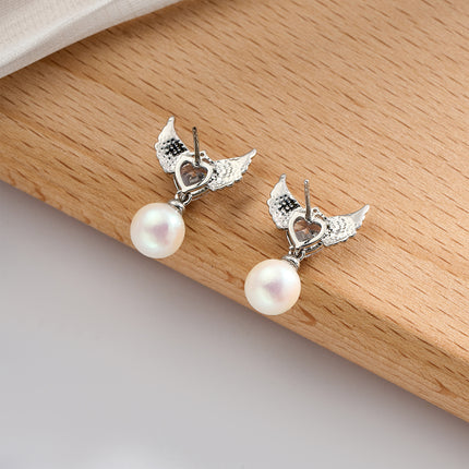 Aretes De Perla Elegante Pendientes De Ala De Ángel Con Corazón De Zirconia