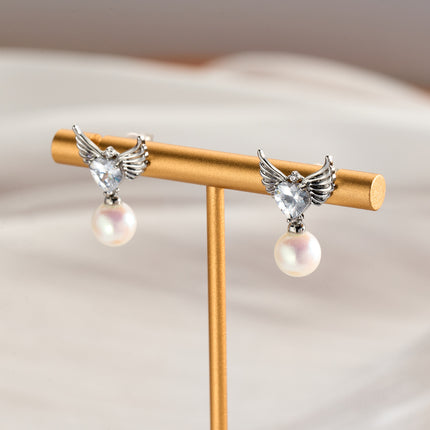 Aretes De Perla Elegante Pendientes De Ala De Ángel Con Corazón De Zirconia