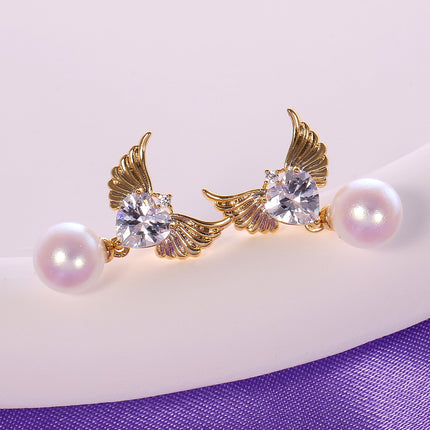 Aretes De Perla Elegante Pendientes De Ala De Ángel Con Corazón De Zirconia