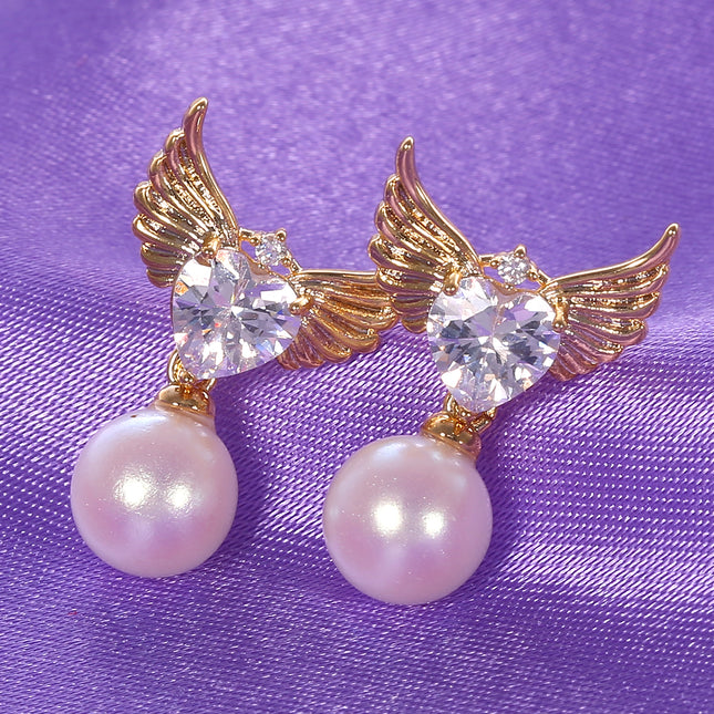 Aretes De Perla Elegante Pendientes De Ala De Ángel Con Corazón De Zirconia