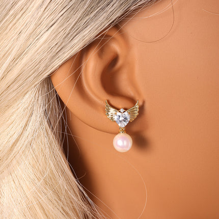 Aretes De Perla Elegante Pendientes De Ala De Ángel Con Corazón De Zirconia