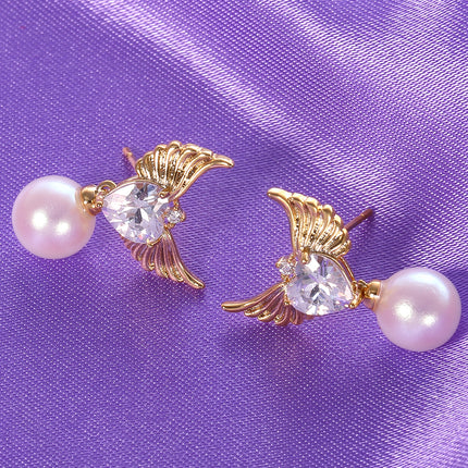 Aretes De Perla Elegante Pendientes De Ala De Ángel Con Corazón De Zirconia