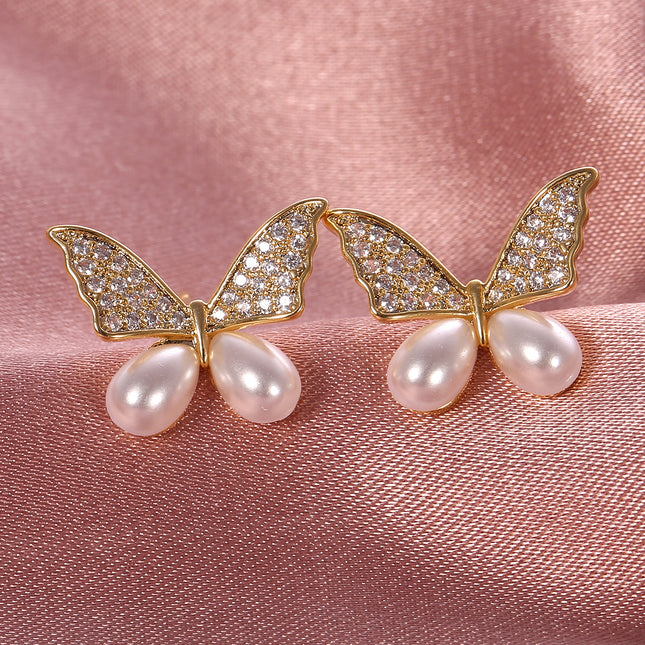Aretes De Mariposa Con Perla Pendientes Cobre Chapado En Oro 14K Elegante