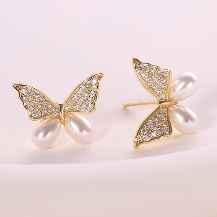 Aretes De Mariposa Con Perla Pendientes Cobre Chapado En Oro 14K Elegante