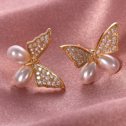 Aretes De Mariposa Con Perla Pendientes Cobre Chapado En Oro 14K Elegante