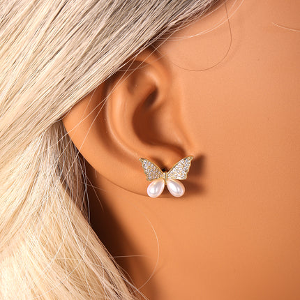 Aretes De Mariposa Con Perla Pendientes Cobre Chapado En Oro 14K Elegante