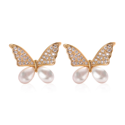 Aretes De Mariposa Con Perla Pendientes Cobre Chapado En Oro 14K Elegante
