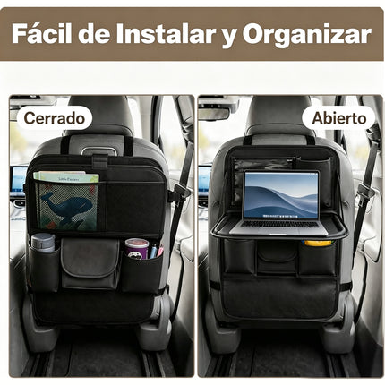 Organizador para Respaldo de Asiento de Auto con Bandeja Plegable y Varios Compartimentos