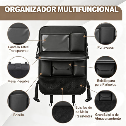 Organizador para Respaldo de Asiento de Auto con Bandeja Plegable y Varios Compartimentos